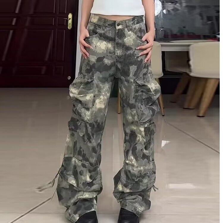 大口袋工装牛仔裤男春秋季美式街头宽松休闲水洗直筒裤MK011 P70图片