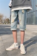 七分牛仔裤男潮牌夏季港风破洞短裤子男韩版潮流宽松直筒HT93，男装牛仔裤，星座509