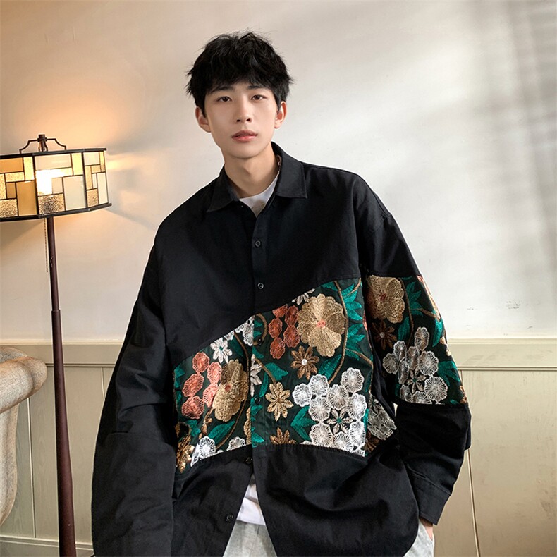 港风长袖衬衣男情侣大码M-5XL中性风刺绣潮长袖衬衫男CS9743P50图片