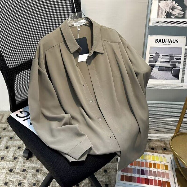 25年宽松纯色高级垂感长袖衬衫男春秋季上衣潮流痞帅免烫衬衣CS05,男装衬衫,星座601-1