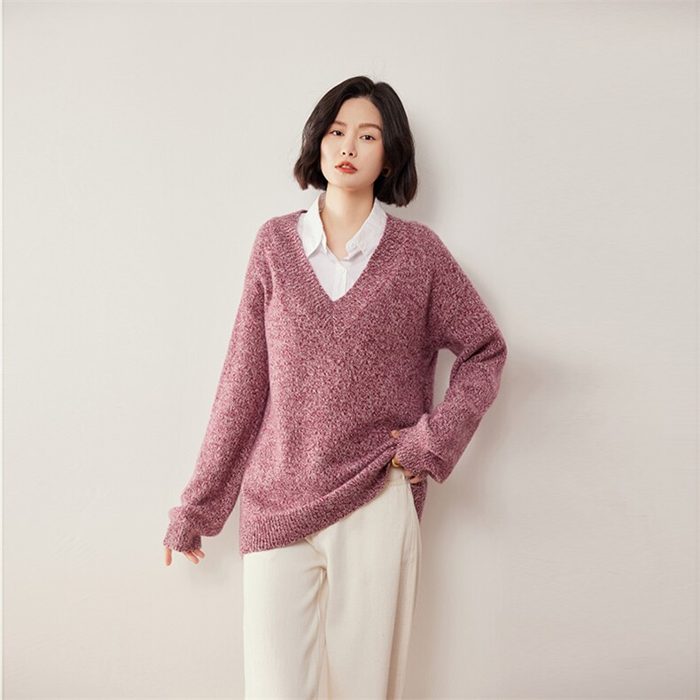 V领纯色35%羊绒开衫女秋冬新款宽松长袖中长款针织外套慵懒风百搭，女装羊绒衫，缇曼羊绒