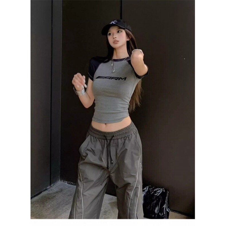 美式复古装饰线休闲裤男女宽松拖地直筒微喇叭线条撞色运动裤潮,男装休闲裤,星座506A