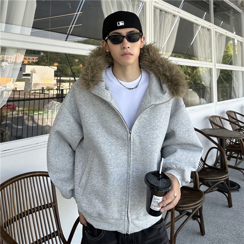 美式复古毛领开衫连帽卫衣男女秋季慵懒宽松情侣帽衫外套图片