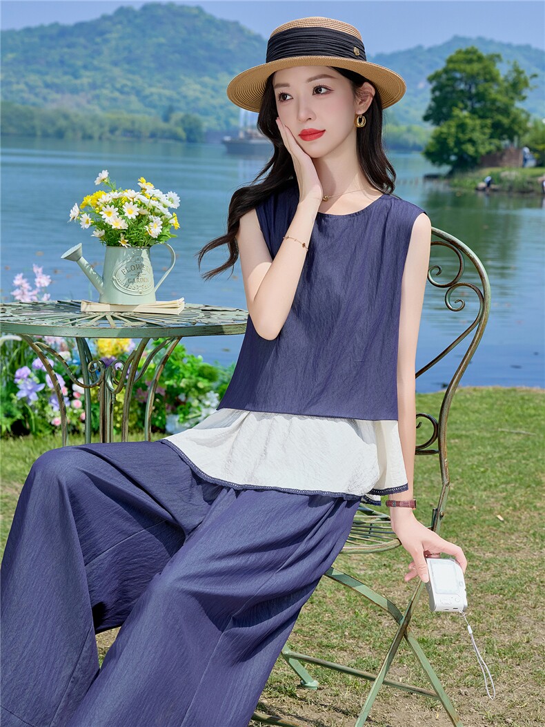 （新款现货）2026夏装时尚莱赛尔假两件上衣+阔腿裤套装两件套女,女装套装/套裙,印象茜