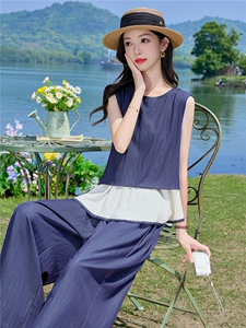 （新款现货）2026夏装时尚莱赛尔假两件上衣+阔腿裤套装两件套女图片