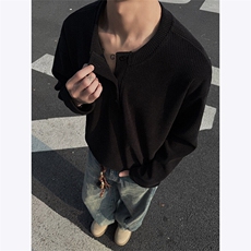 美式痞帅亨利领打底衫男秋冬季纽扣高级感宽松半开领休闲长袖T恤，男装T恤，星座506A