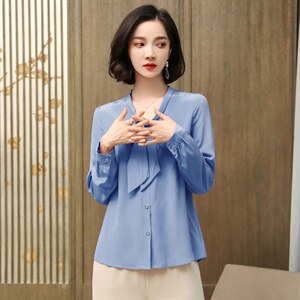2025春装蝴蝶结真丝衬衫女长袖纯色桑蚕丝上衣衬衣通勤飘带小衫