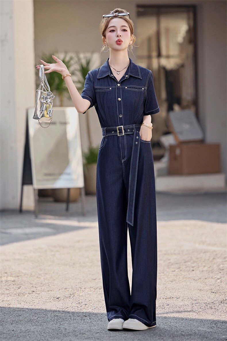 （新款现货）2026夏时尚显瘦减龄天丝牛仔连体阔腿裤女（配腰带）,女装连体裤,印象茜