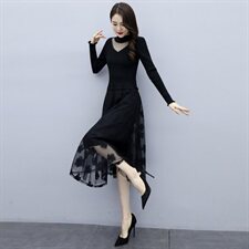 2023秋季时尚新款连衣裙针织线衣配蕾丝长款连衣裙,女装连衣裙,安之芮娜