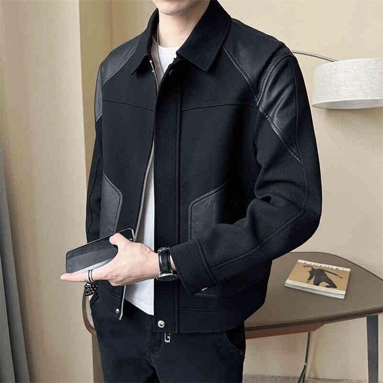 痞帅PU皮拼接夹克外套男潮牌潮流高级感针织上衣服秋冬季202图片