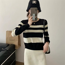 时尚百搭休闲条纹圆领针织衫优雅显瘦尽显女性魅力，女装针织衫/毛衣，暖姿羊绒