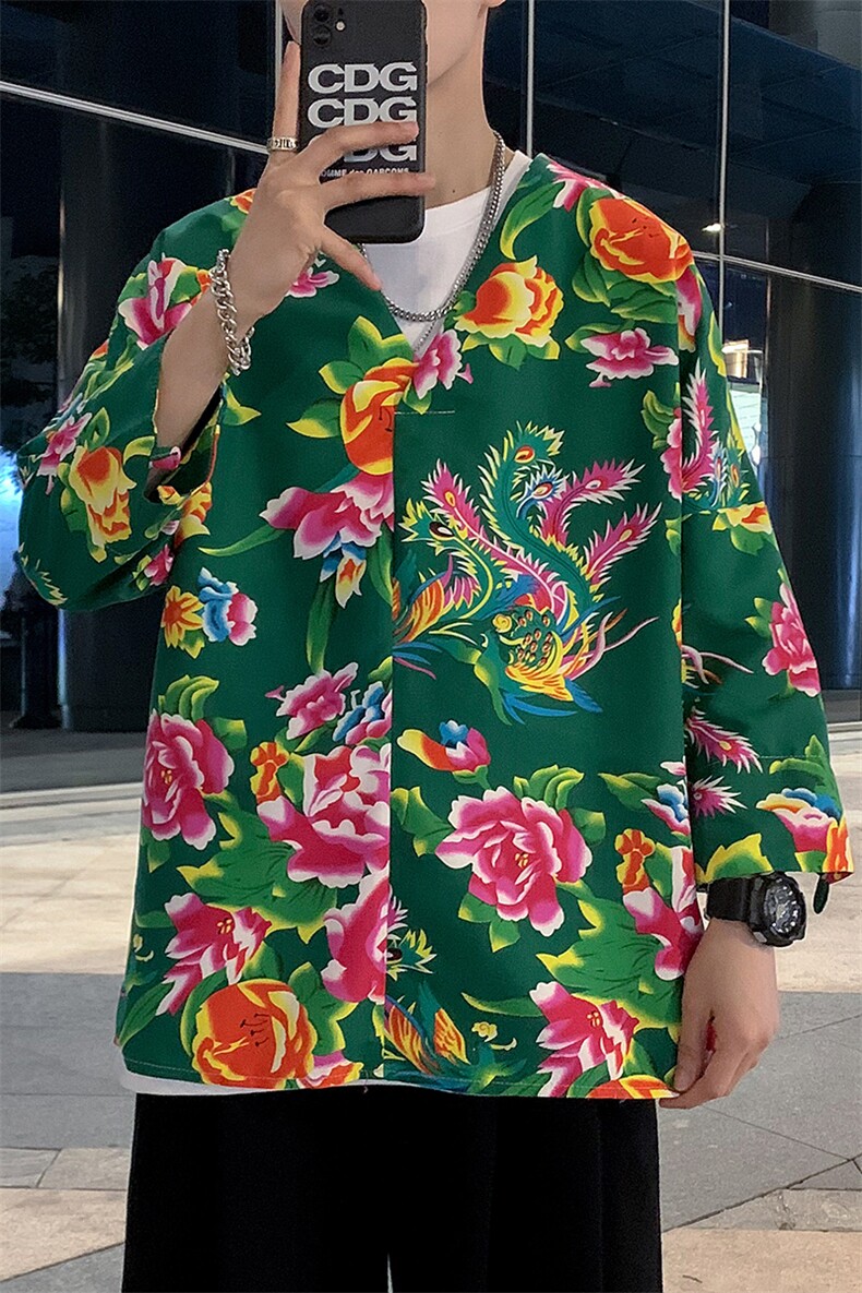 C7022男士休闲大码大花大V领七分袖T恤外套风民族特色套头TEE,男装T恤,星座115A(原星座507）