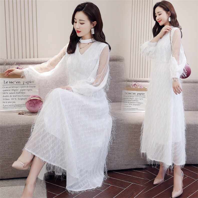 蕾丝连衣裙2021春季新款女装镂空花边立领长袖收腰显瘦,女装连衣裙,瑶迪依秀