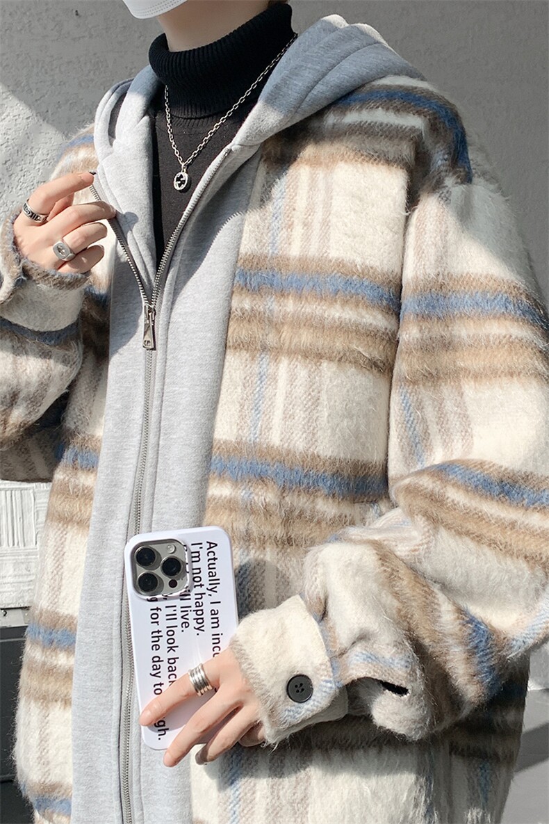经典格子拼色男士毛呢连帽夹克外套A071-5010-P115,男装夹克,电商A071