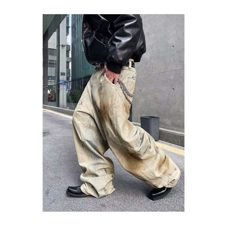 美式街头黄泥染脏洗阔腿弯刀牛仔裤男女水洗做旧小众宽松休闲裤潮,男装牛仔裤,星座506A