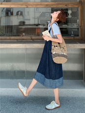 2025年新款夏季韩版简约T恤撞色牛仔背带裙套装女气质显瘦两件套，女装套装/套裙，慧尚2-185