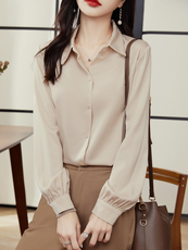 白衬衫女真丝气质长袖冰丝女衬衣上衣夏季丝滑缎面宽松POLO领漂亮，女装衬衫，元素羊绒