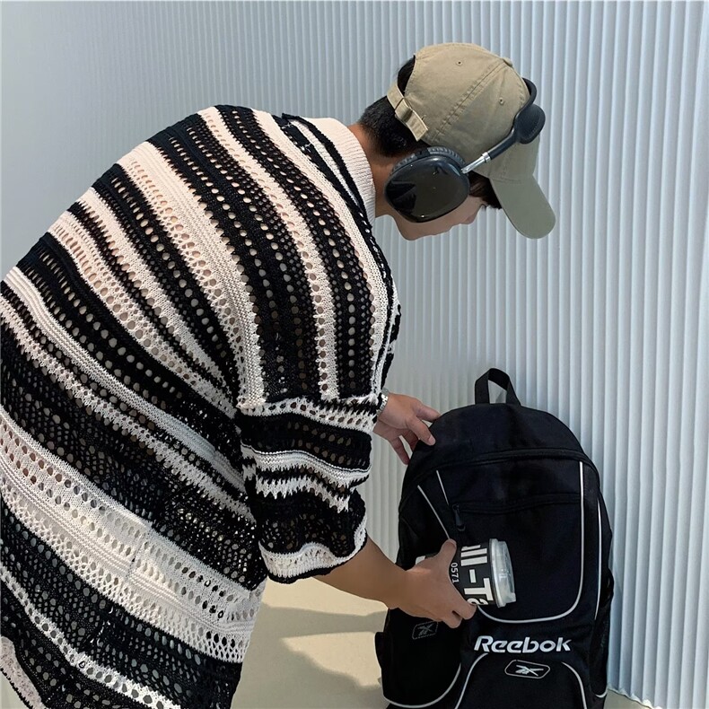 美式复古彩色条纹镂空针织衫夏新款潮牌翻领休闲POLO衫Y39P38,男装Polo衫,星座1116-2