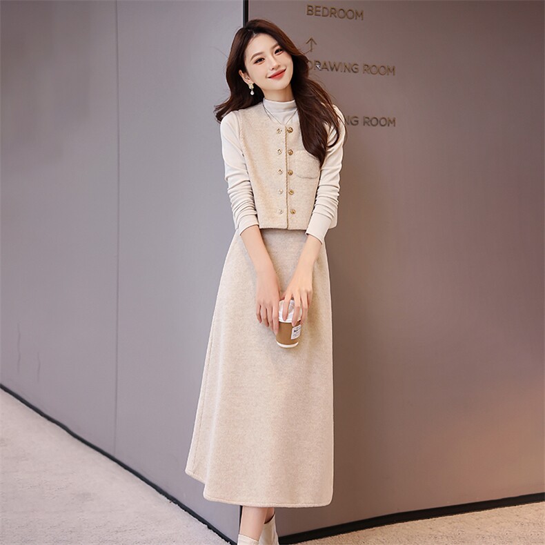 红色小香风毛呢马甲套装裙女2025春秋新款洋气打底衫半身裙三件套,女装套装/套裙,奋斗女王