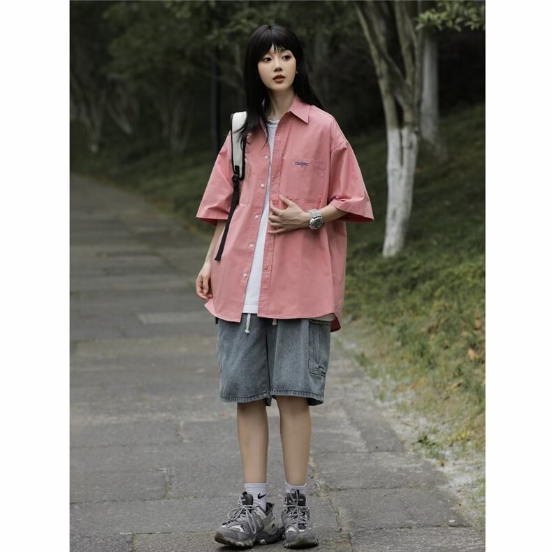 短袖衬衫女夏季日系休闲工装衬衣潮牌宽松情侣百搭外衣CY459-P32,男装衬衫,星座412-3