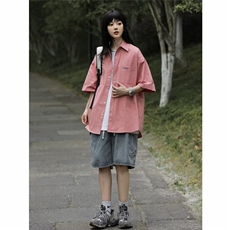 短袖衬衫女夏季日系休闲工装衬衣潮牌宽松情侣百搭外衣CY459-P32，男装衬衫，星座412-3