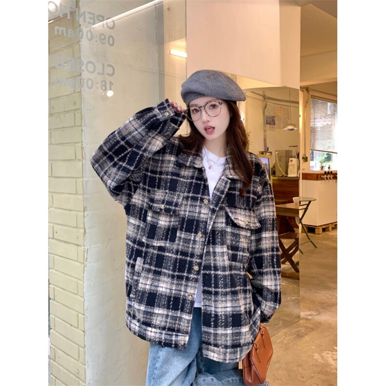 A307-P95 美式复古格子毛呢衬衫外套秋冬盐系休闲百搭情侣上衣图片