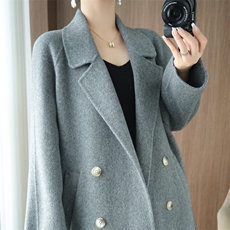秋冬季羊毛时尚休闲经典V领双排扣中长款大衣，女装双面呢大衣，泰公羊绒