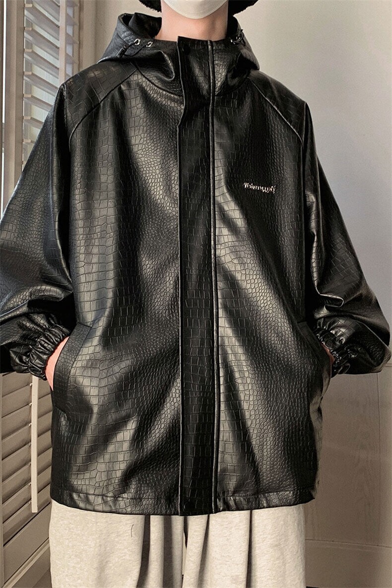 1港风连帽鳄鱼纹PU皮大码M-5XL情侣女冲锋衣夹克男JK8744P90控128,男装夹克,星座226-2