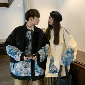 1港风情侣刺绣拼接设计棉衣大码M-5XL夹克棉服外套8706P115控158图片