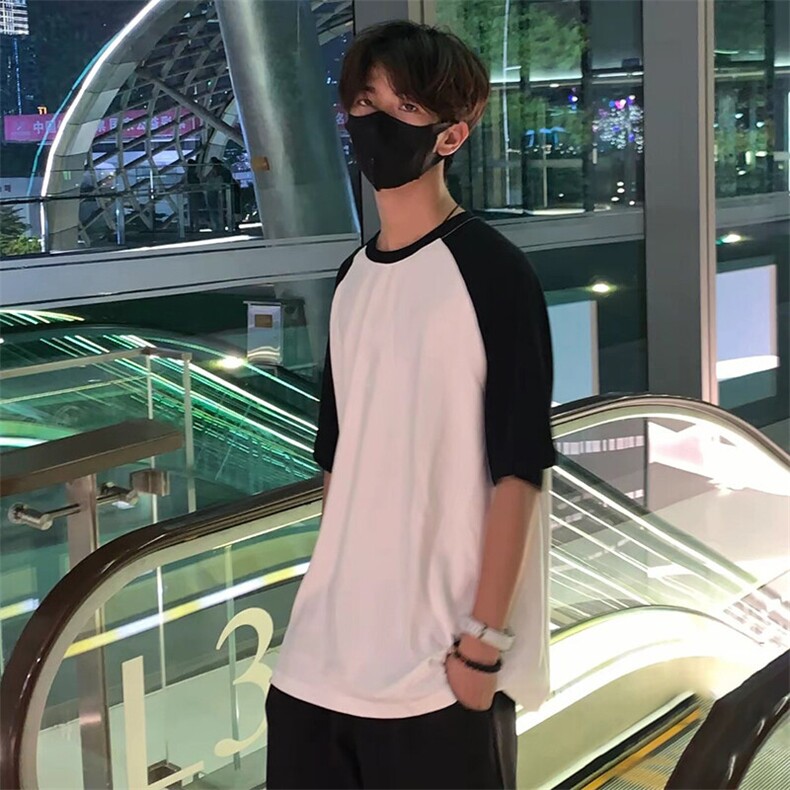 抖音得物高品质二开240克宽松纯棉美式潮牌插肩袖拼接短袖T恤,男装T恤,电商A486