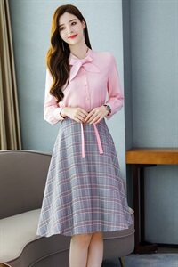 2021春秋季新款衬衫领拼接格子连衣裙简约气质知性优雅套装/套裙图片