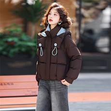 藏青色休闲连帽短款羽绒服女2025冬季新款宽松加厚保暖白鸭绒外套，女装羽绒服，歌伊格美