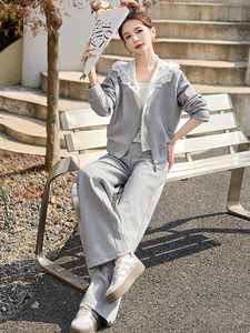 休闲运动套装女2025春季新款高级感时尚蕾丝拼接外套阔腿裤两件套图片