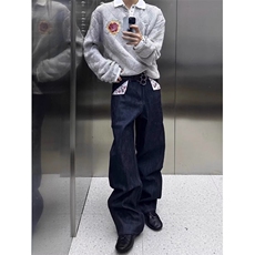 拼接牛仔裤男秋季新款大码胖mm高腰宽松显瘦阔腿长裤NZB3178，男装牛仔裤，星座516A