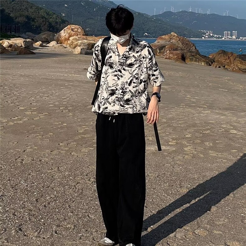 夏季沙滩度假风痞帅花衬衫男韩系冷淡风复古设计冰感薄款短袖潮牌,男装T恤,四季星座505
