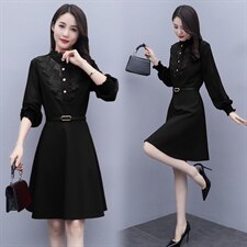 2021春季新款时尚气质立领灯笼袖拼花边连衣裙配腰带，女装连衣裙，岚衣(原川流布茜）