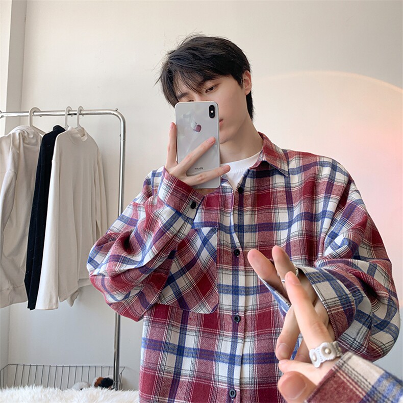 衬衫男春季新款港风宽松大码磨毛格子长袖衬衣CS6639-P35图片
