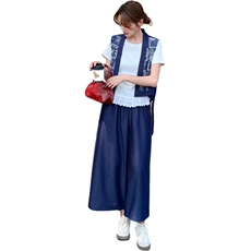时尚复古刺绣绣花马甲套装女夏季2025年新款短袖T恤阔腿裤三件套，女装套装/套裙，2C177