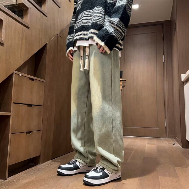 复古羊羔绒牛仔裤男直筒宽松冬款加厚阔腿裤高街裤子男88064-P63,男装牛仔裤,星座1008
