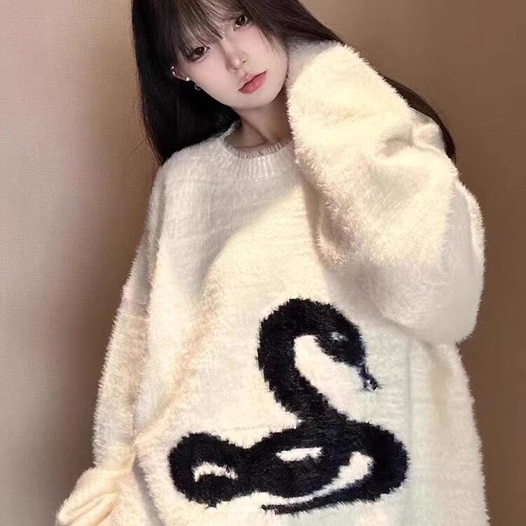 潮牌美式情侣蛇图案毛衣男女秋冬仿貂毛小众慵懒风套头针织外套,男装针织衫/毛衣,星座506A