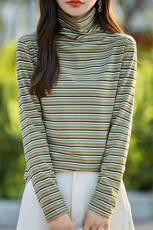 双面德绒磨毛条纹堆堆领打底衫女秋冬新款高领内搭撞色保暖上衣，女装T恤，佳绒高端店