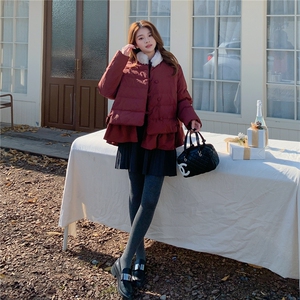韩版短款羽绒服女2025冬季新款今年流行毛领收腰保暖外套酒红色图片