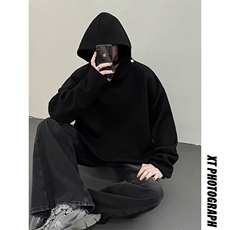 白敬亭的设计感太空棉连帽情侣卫衣纯色百搭上衣宽松外套，女装短外套，电商A341