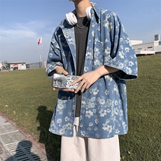 情侣牛仔花朵衬衫夏季新款复古做旧上衣男短袖衬衣W3427-P50，男装衬衫，星座512-2