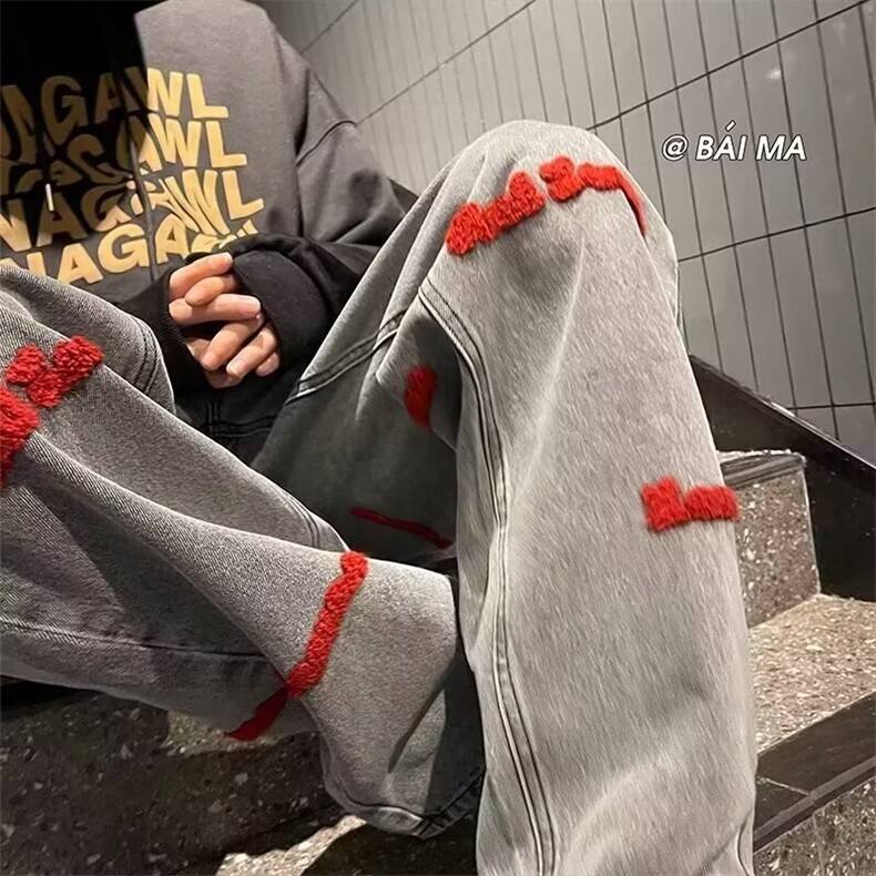 美式复古字母刺绣牛仔裤男春季新款宽松直筒潮牌百搭阔腿老爹裤子,男装牛仔裤,星座506A