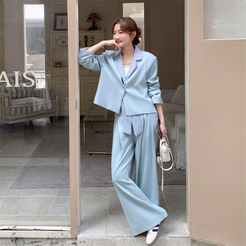 26春新款现-浅蓝温柔风拼接格子西装套装2628-P180K288,女装套装/套裙,2B190