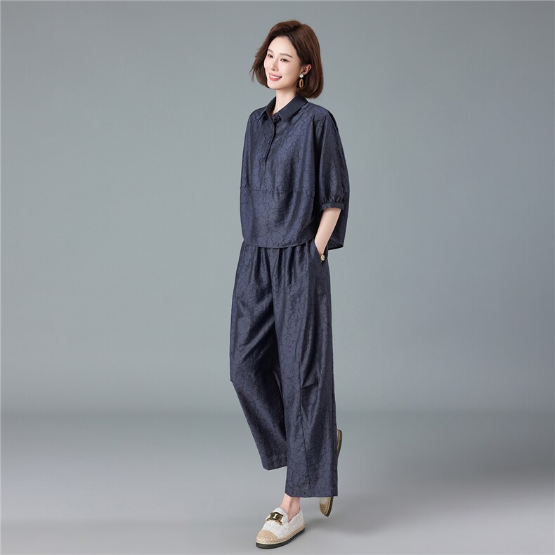 现货2026夏季新款宽松大码洋气减龄莱赛尔提花衬衫套装两件套,女装套装/套裙,深水步