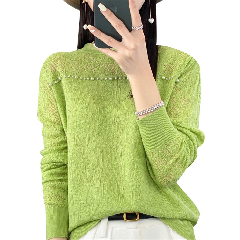 2025年春秋季木耳领打底衫女宽松薄款内搭蕾丝镂空小香风针织衫,针织衫/毛衣,大美人包芯纱店