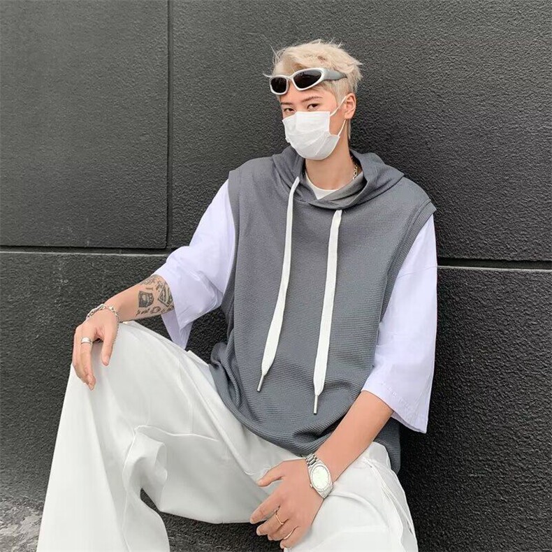 新款简约无品牌假两件连帽男拼接休闲潮运动潮流流行气质时尚图片