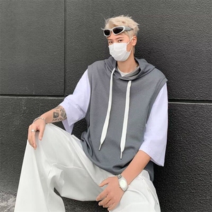 新款简约无品牌假两件连帽男拼接休闲潮运动潮流流行气质时尚图片